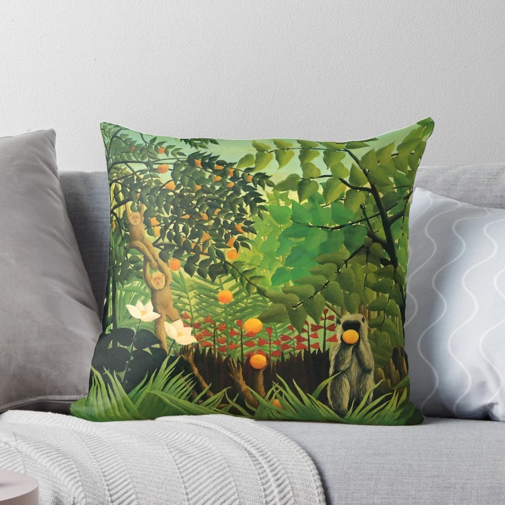 Henri Rousseau's surrealist jungle landscape painting 'Exotic Landscape' printed on a comfortable pillow