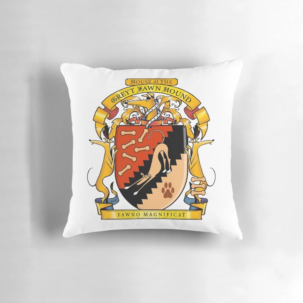 Greyhound heraldic design pillow featuring a stylized fawn-colored greyhound or whippet-type hound.