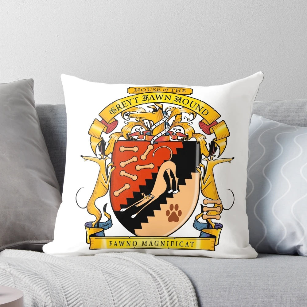 Greyhound heraldic design pillow featuring a stylized fawn-colored greyhound or whippet-type hound.