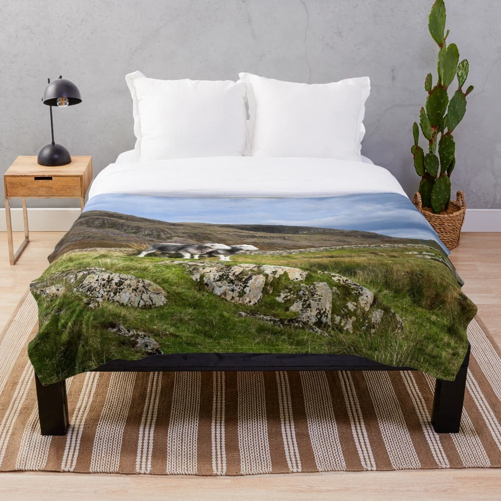 Herdwick sheep inspired plush blanket featuring a scenic Lake District landscape