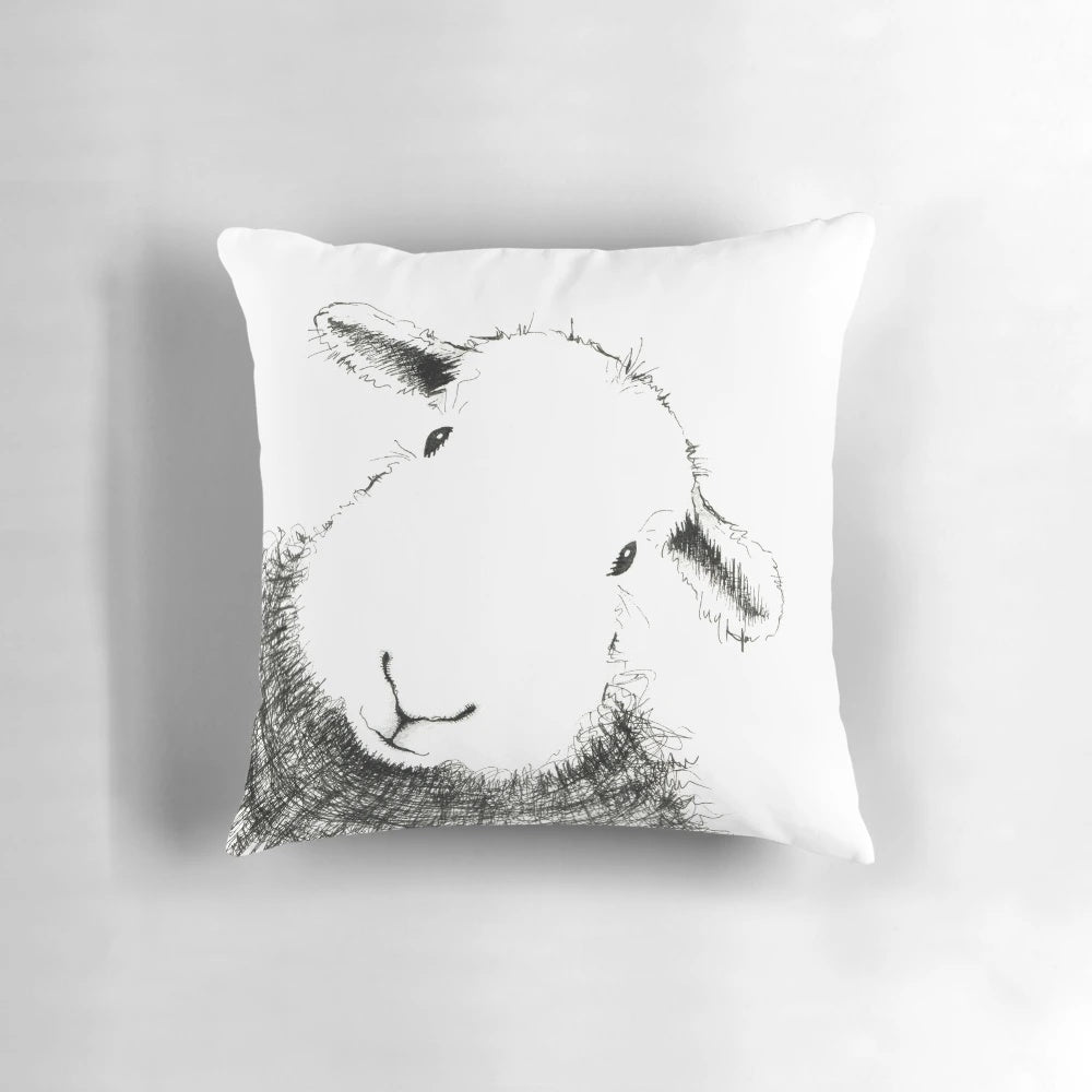 Herdwick sheep pattern pillow, black and white farmhouse-style cushion