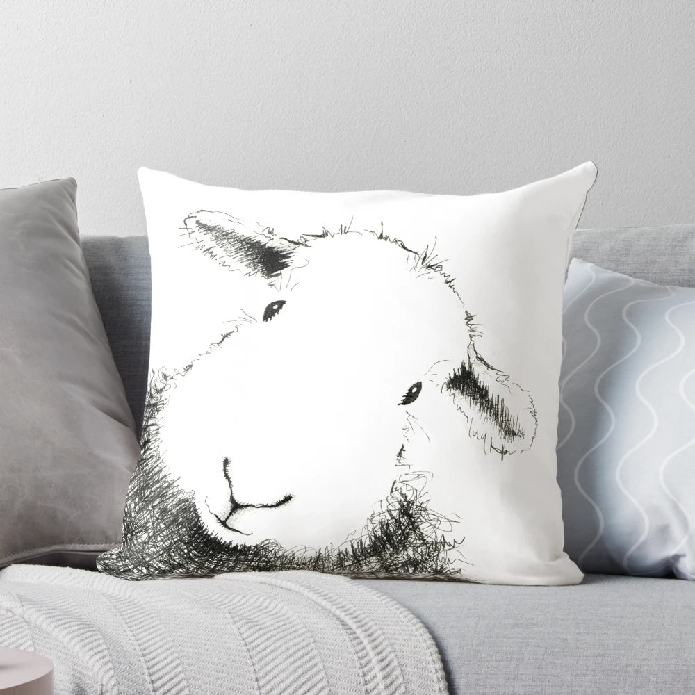 Herdwick sheep pattern pillow, black and white farmhouse-style cushion