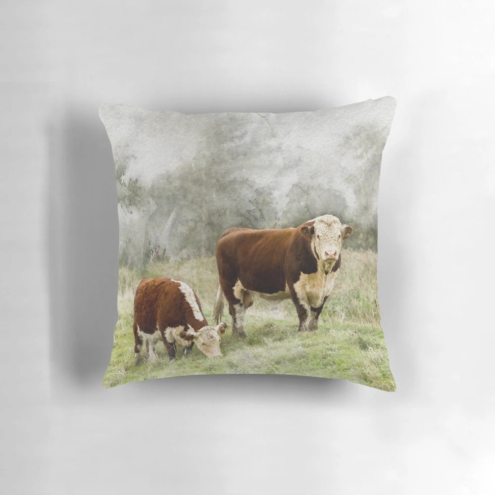 Hereford bull and cow in a serene landscape, watercolor photography printed on a comfortable pillow
