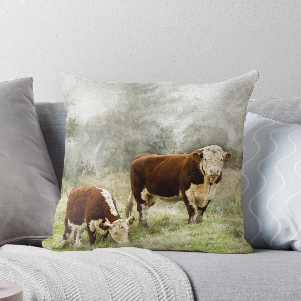 Hereford bull and cow in a serene landscape, watercolor photography printed on a comfortable pillow