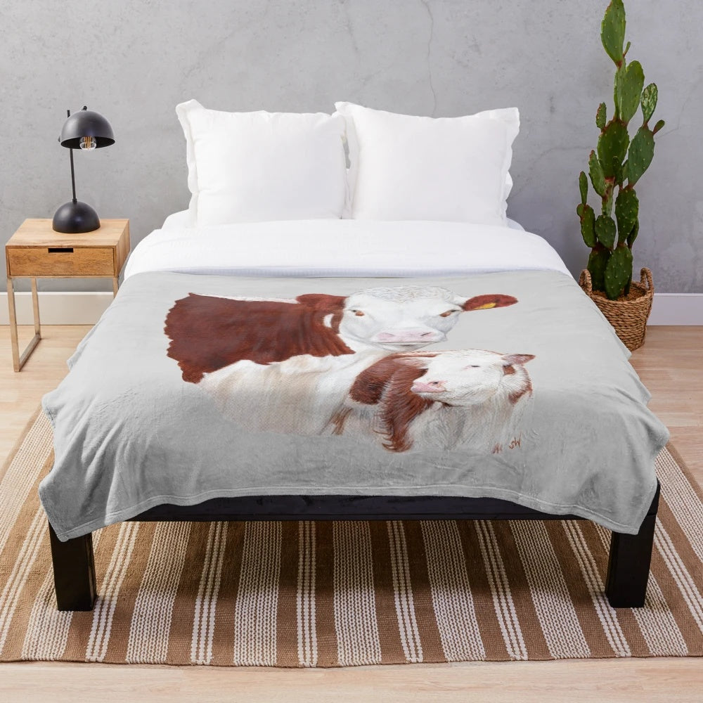 Hereford cow with calf painting on a grey background printed on a plush blanket