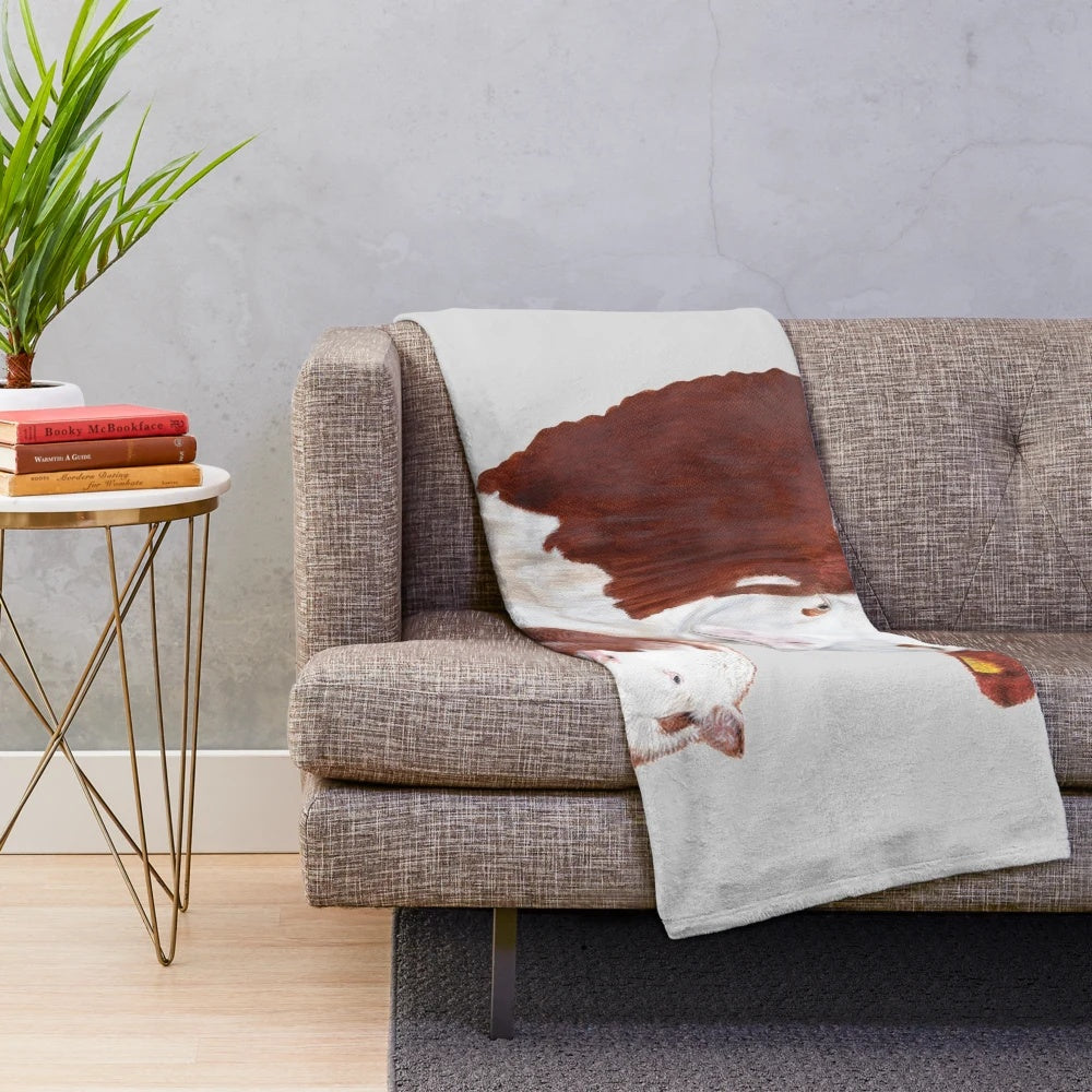 Hereford cow with calf painting on a grey background printed on a plush blanket