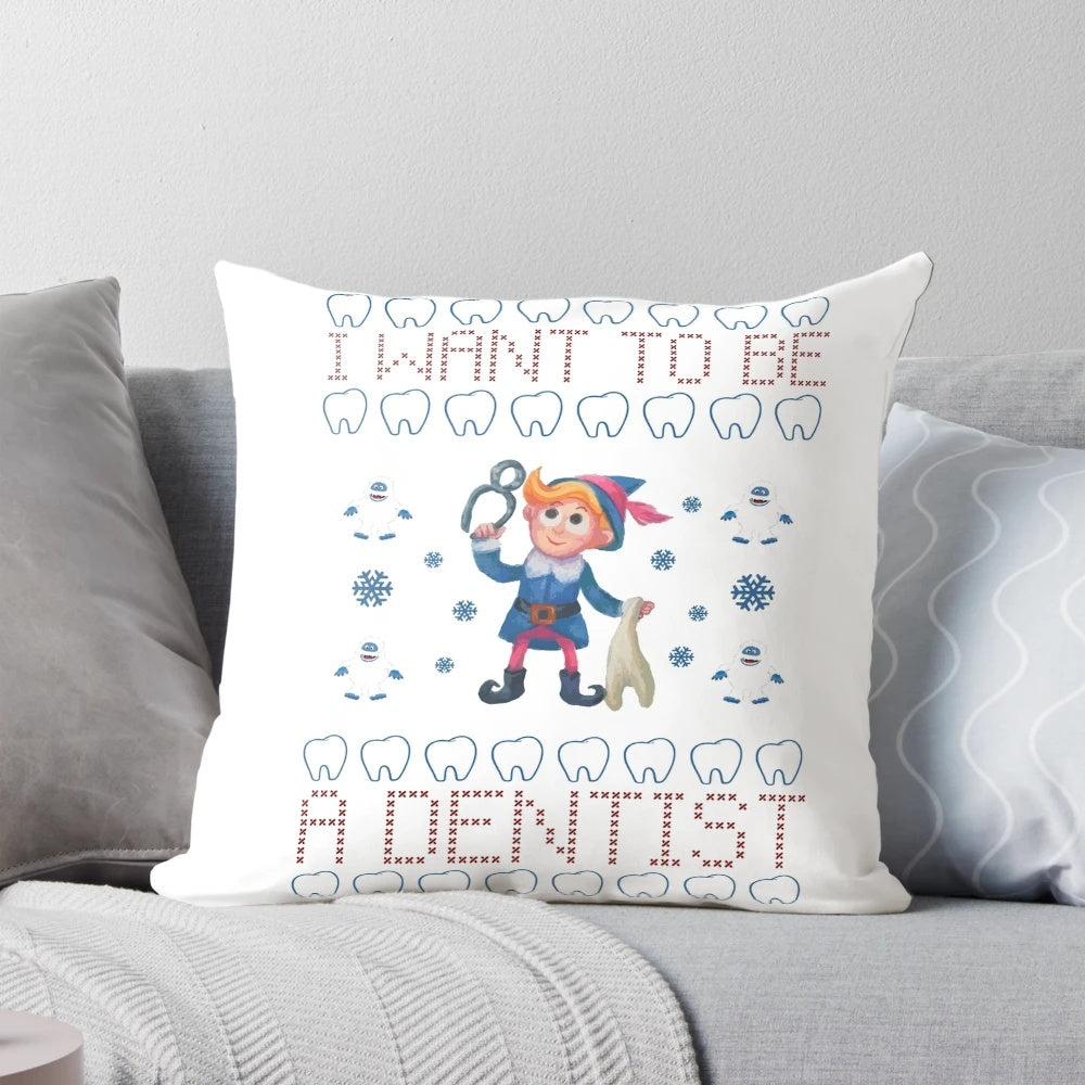 Hermey the Elf plush pillow from Rudolph the Red-Nosed Reindeer with "I Want to Be a Dentist" text