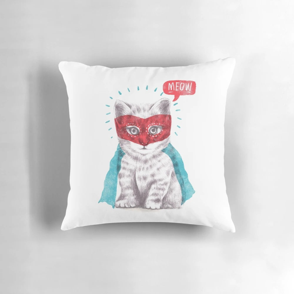 A plush pillow featuring a cat dressed as a superhero, perfect for cat lovers and pop culture enthusiasts.
