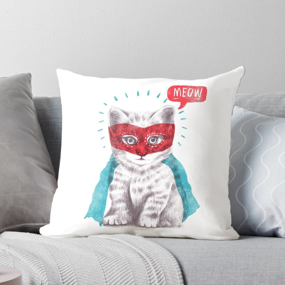 A plush pillow featuring a cat dressed as a superhero, perfect for cat lovers and pop culture enthusiasts.