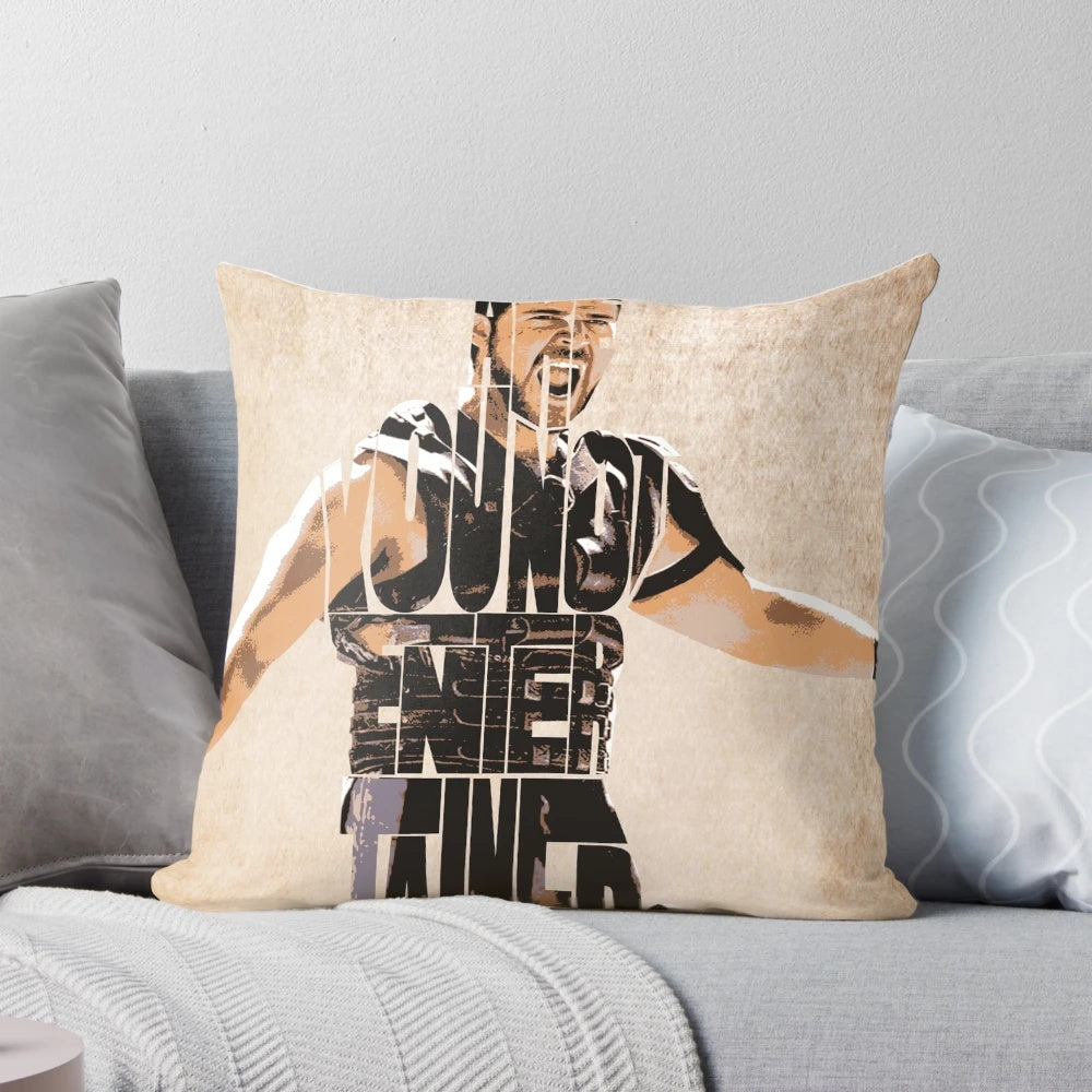 A decorative throw pillow featuring a bold typographic design inspired by the classic film "Gladiator" and its iconic protagonist Maximus.