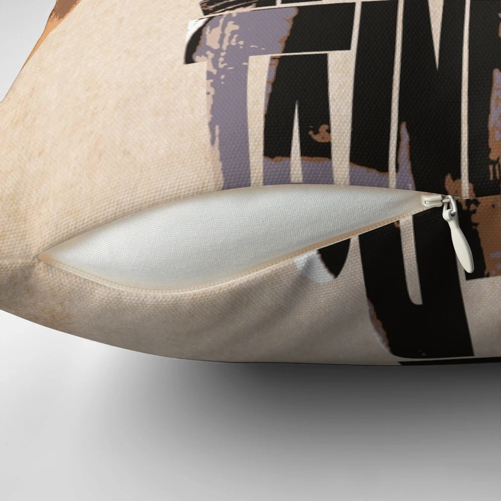 A decorative throw pillow featuring a bold typographic design inspired by the classic film "Gladiator" and its iconic protagonist Maximus.