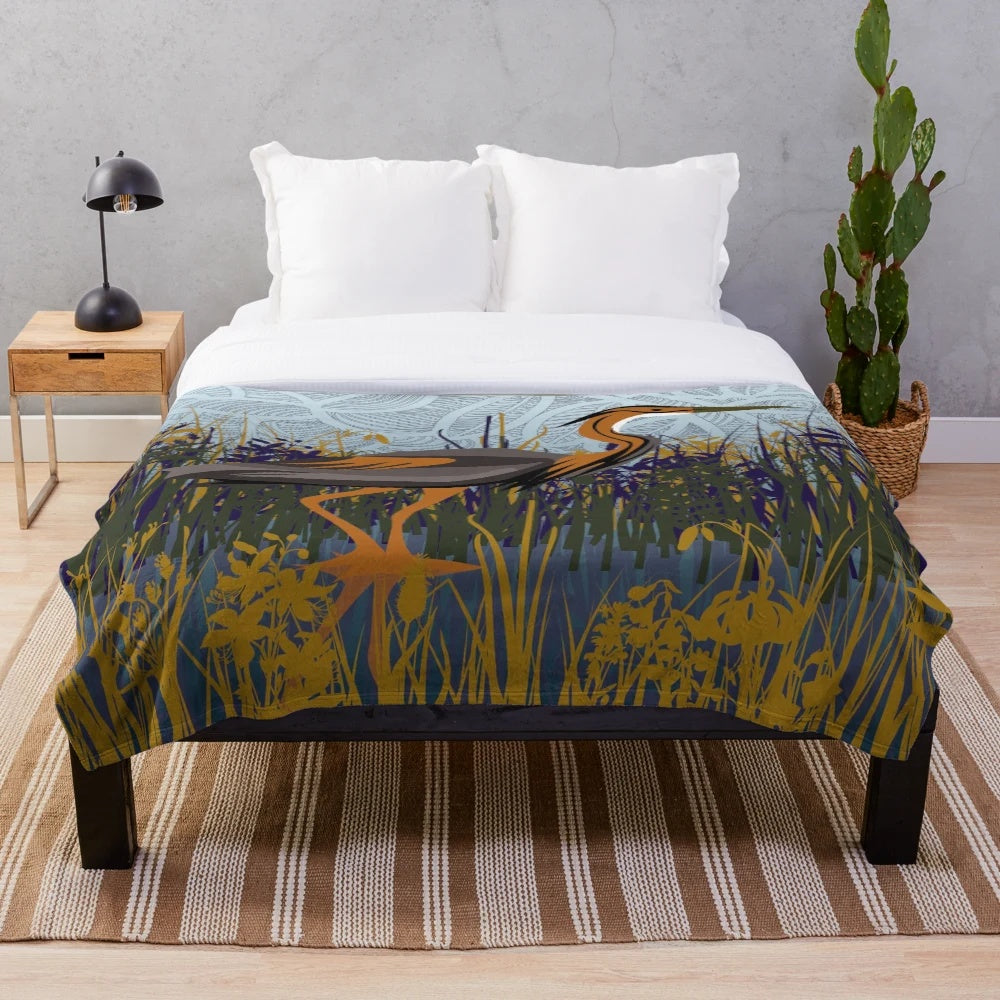 Heron plush blanket depicting a serene autumn marsh scene