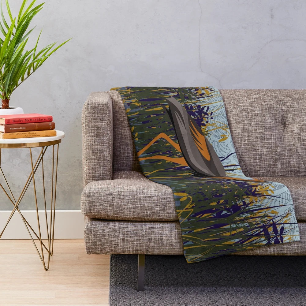 Heron plush blanket depicting a serene autumn marsh scene