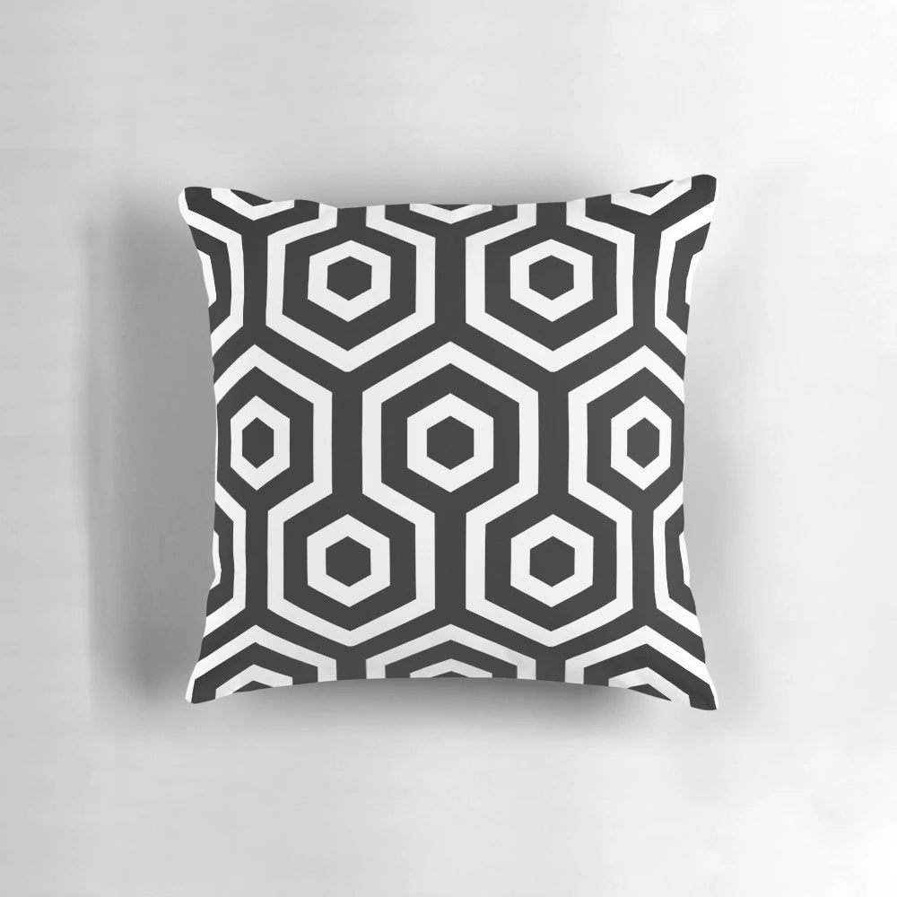 Mono Hexagonal Pillow with graphic geometric patterns in black and white
