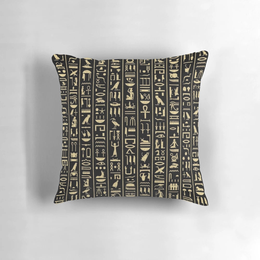 Black and gold hieroglyphics pattern decorative throw pillow