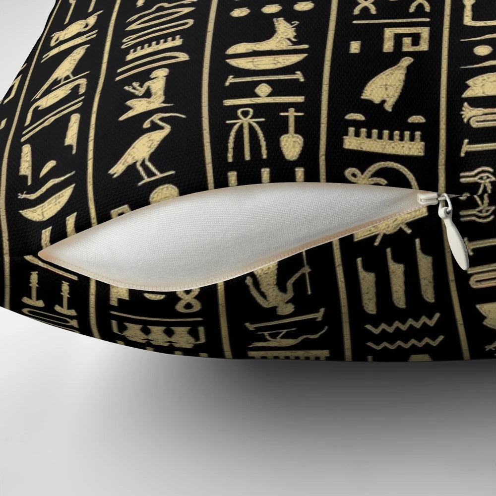 Black and gold hieroglyphics pattern decorative throw pillow
