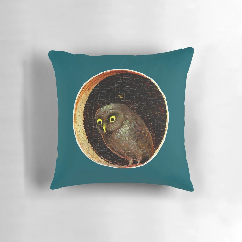 Hieronymus Bosch inspired throw pillow featuring an owl in the Garden of Earthly Delights