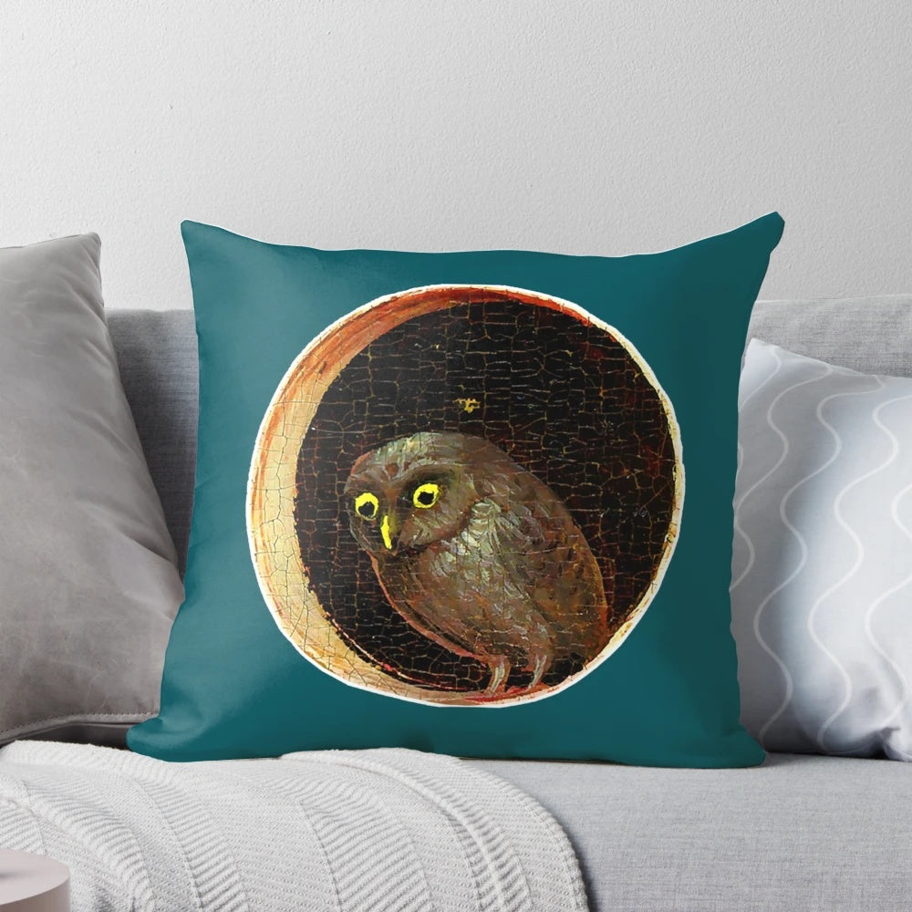 Hieronymus Bosch inspired throw pillow featuring an owl in the Garden of Earthly Delights