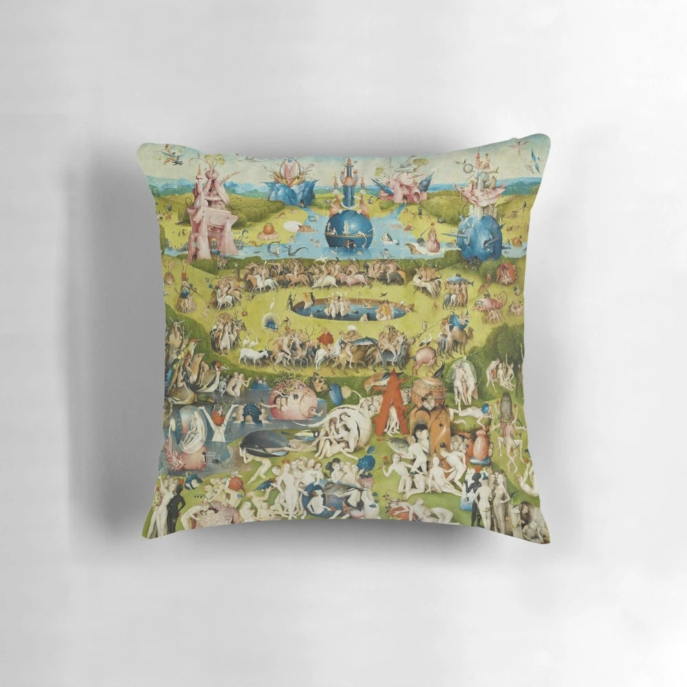 Hieronymus Bosch's iconic "Garden of Earthly Delights" painting featured on a high-quality pillow.