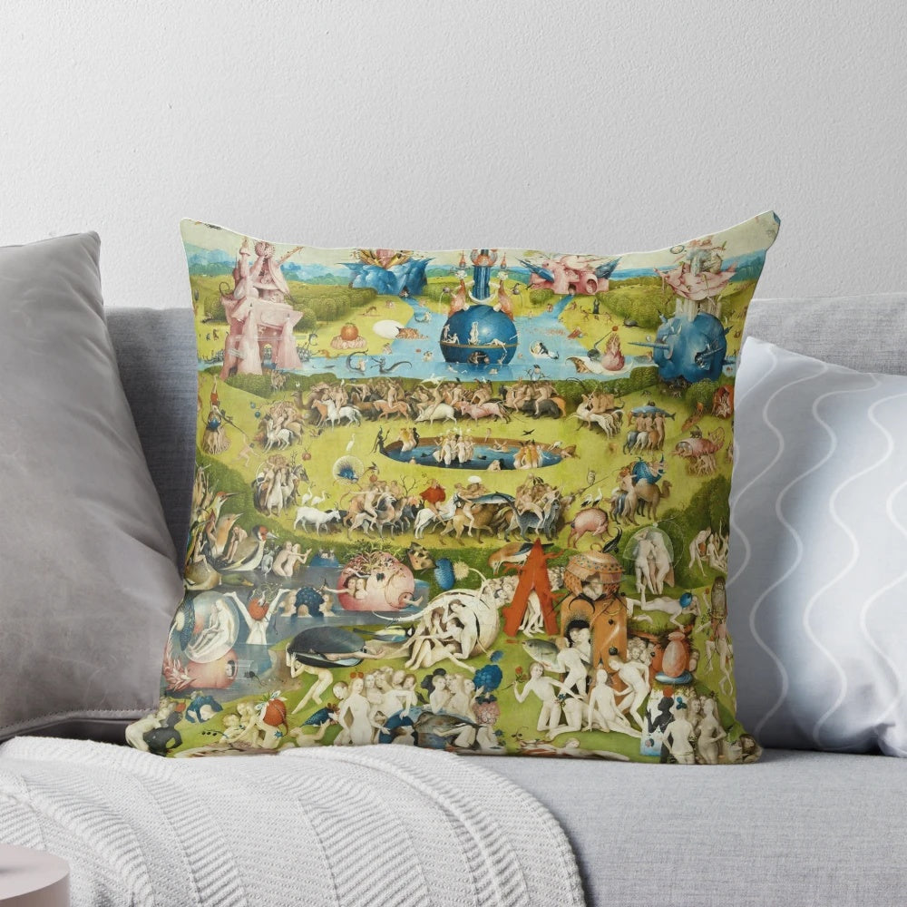Hieronymus Bosch's iconic "Garden of Earthly Delights" painting featured on a high-quality pillow.