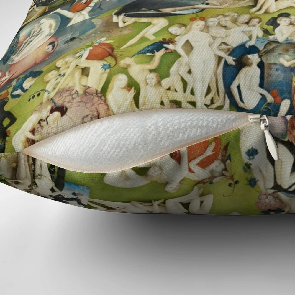 Hieronymus Bosch's iconic "Garden of Earthly Delights" painting featured on a high-quality pillow.