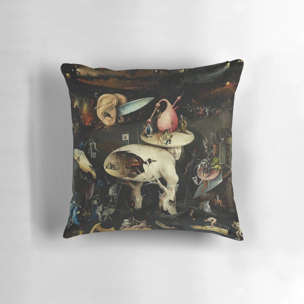 Hieronymus Bosch inspired surreal fantasy art pillow with figures, plants, and scenes from hell