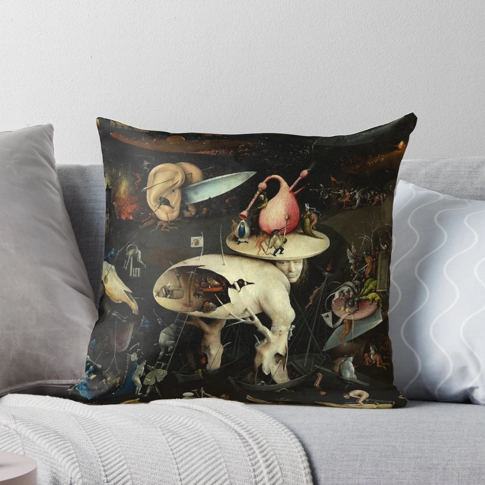 Hieronymus Bosch inspired surreal fantasy art pillow with figures, plants, and scenes from hell