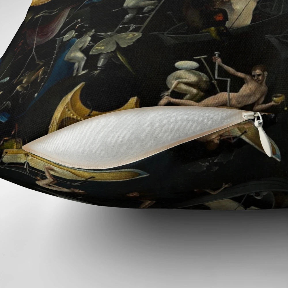Hieronymus Bosch inspired surreal fantasy art pillow with figures, plants, and scenes from hell