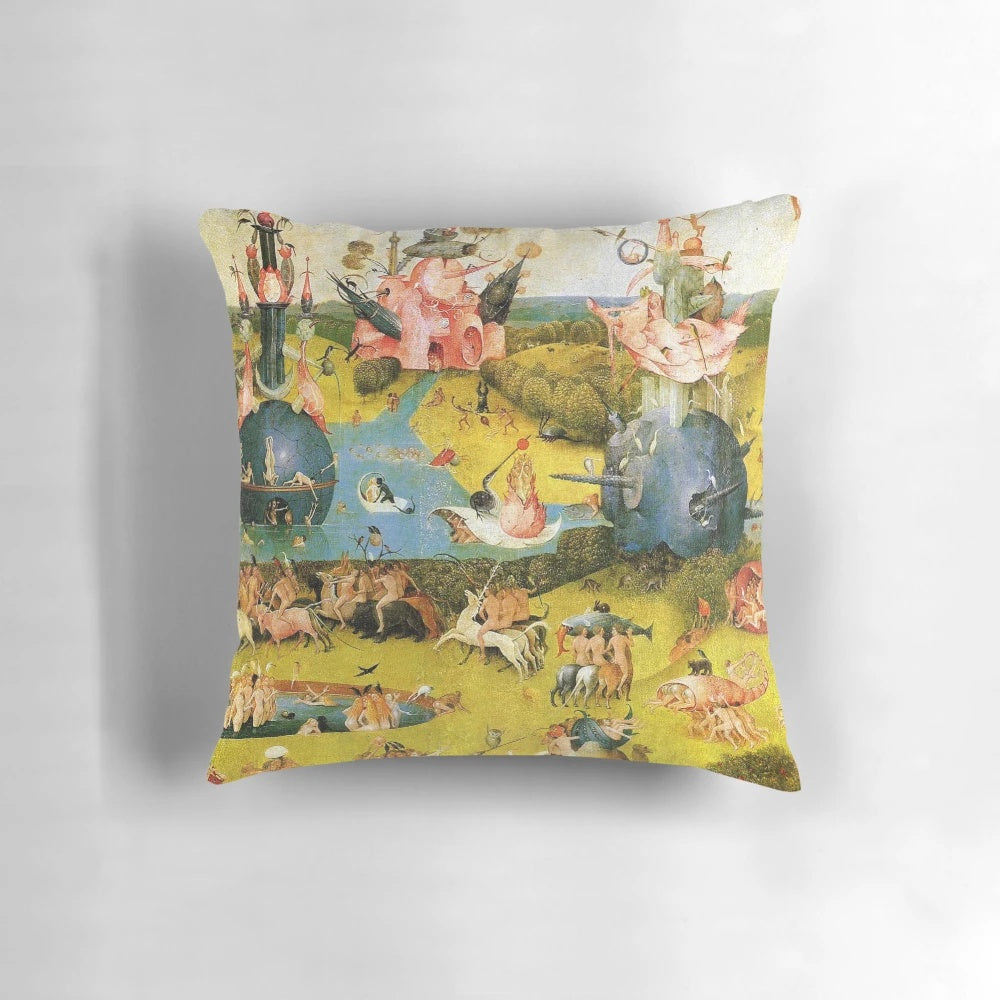 Throw pillow featuring Hieronymus Bosch's famous painting "The Garden of Earthly Delights