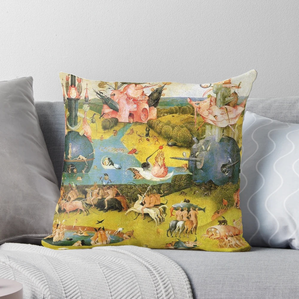 Throw pillow featuring Hieronymus Bosch's famous painting "The Garden of Earthly Delights