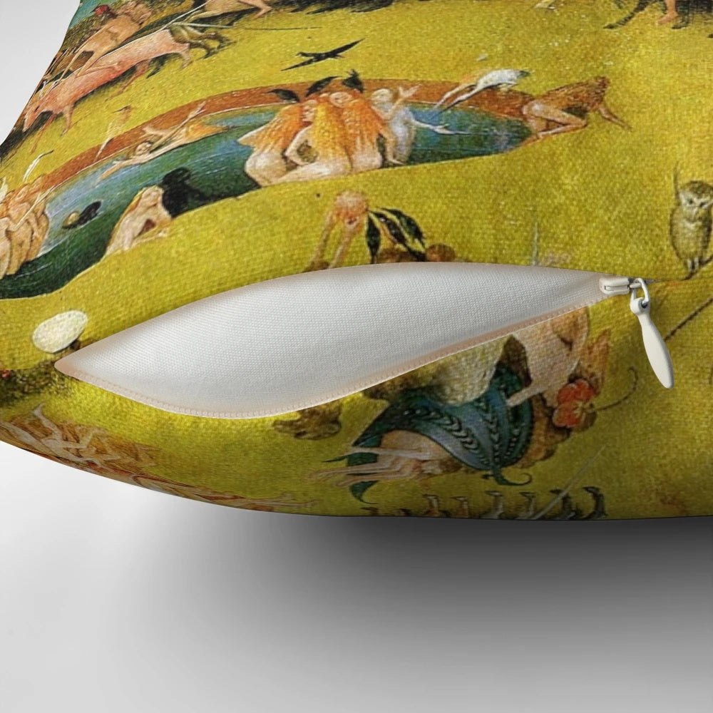 Throw pillow featuring Hieronymus Bosch's famous painting "The Garden of Earthly Delights
