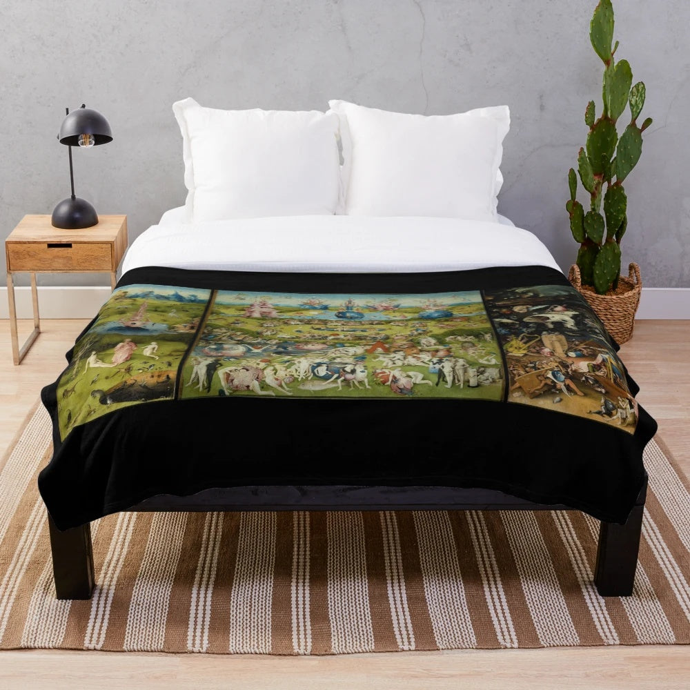 Plush blanket featuring Hieronymus Bosch's famous artwork "The Garden of Earthly Delights