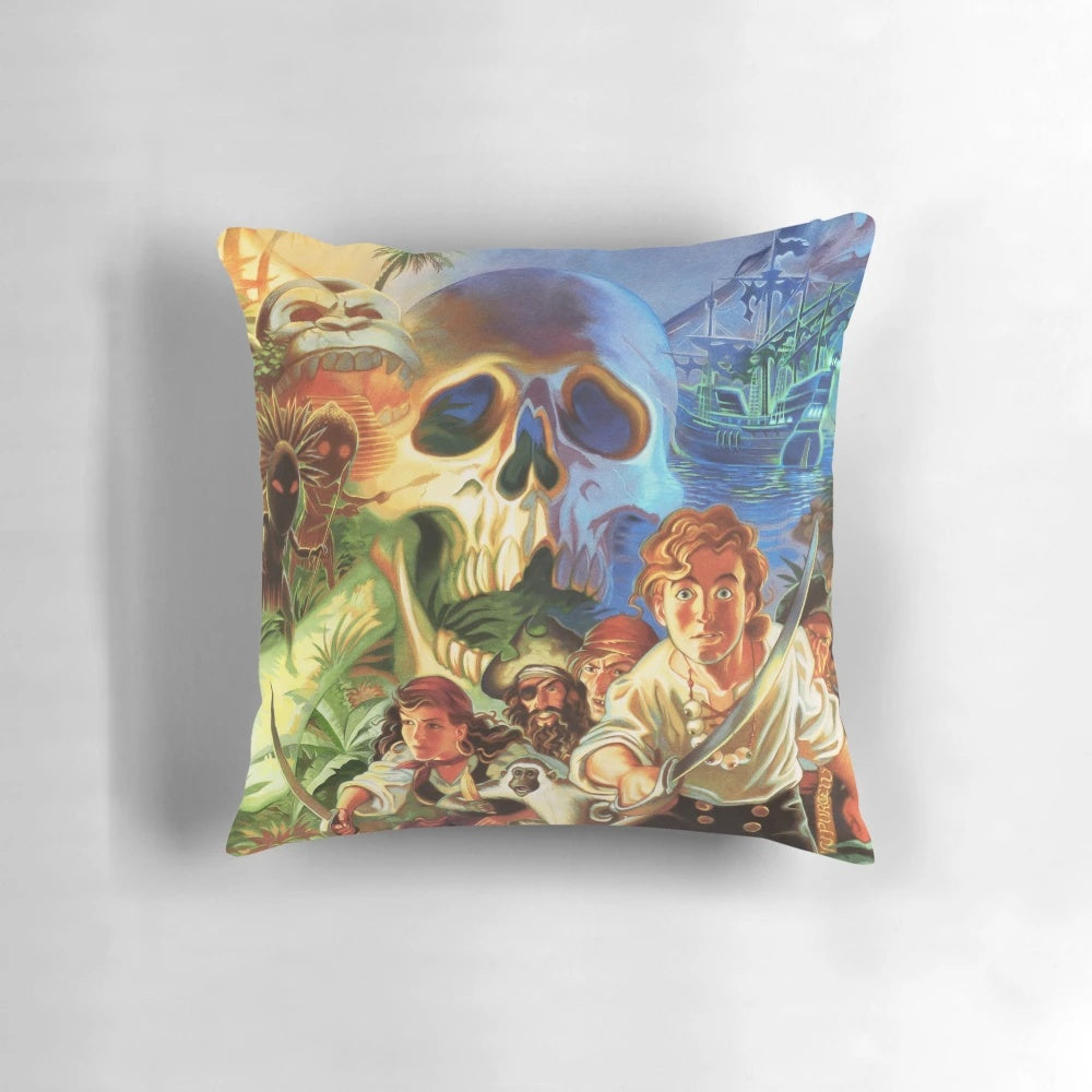 A high-contrast, vibrant pixel art pillow featuring the iconic characters and scenes from the classic adventure game, "The Secret of Monkey Island".