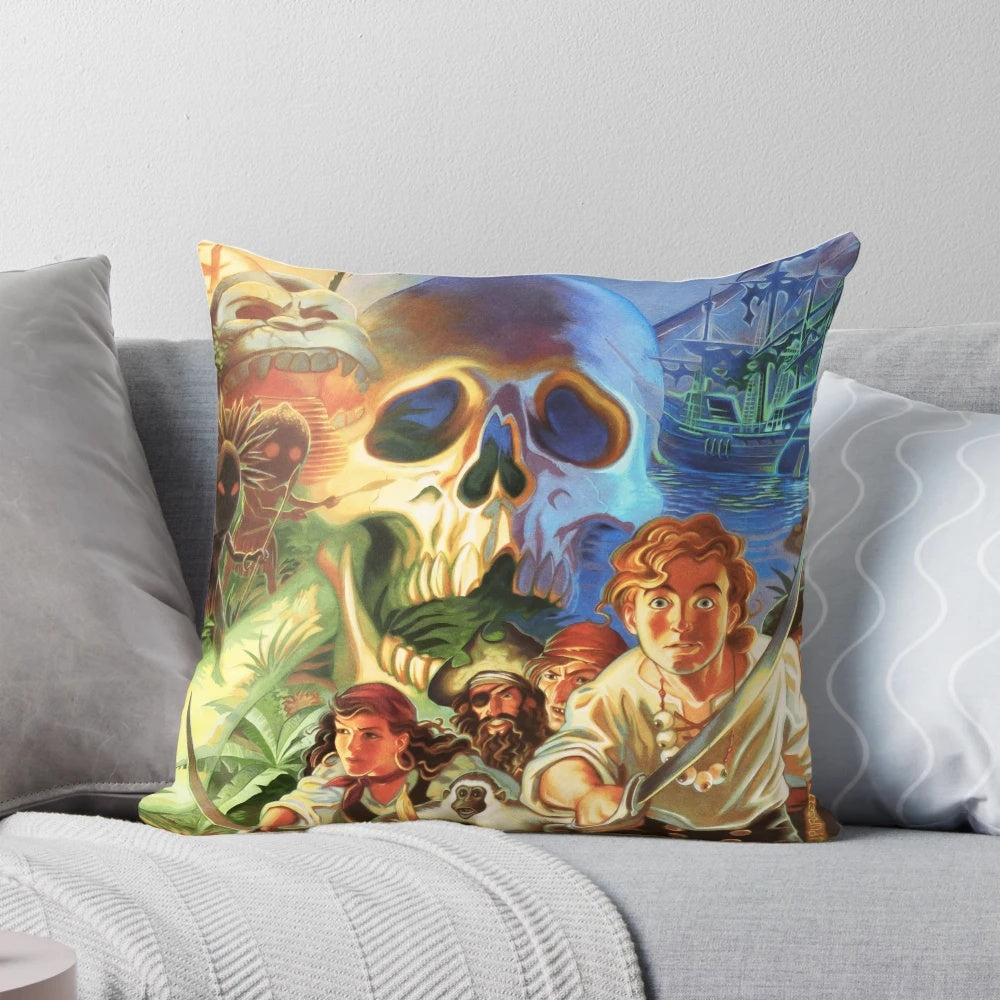 A high-contrast, vibrant pixel art pillow featuring the iconic characters and scenes from the classic adventure game, "The Secret of Monkey Island".