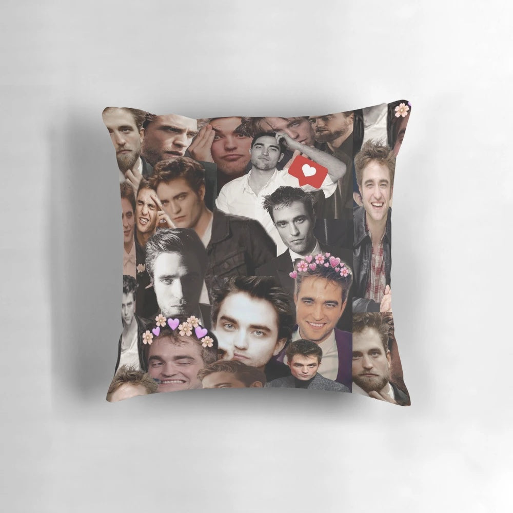 Stylish Robert Pattinson photo collage printed on a soft, plush pillow