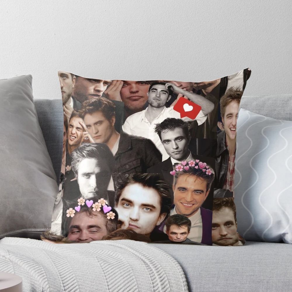 Stylish Robert Pattinson photo collage printed on a soft, plush pillow
