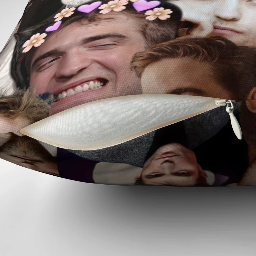 Stylish Robert Pattinson photo collage printed on a soft, plush pillow