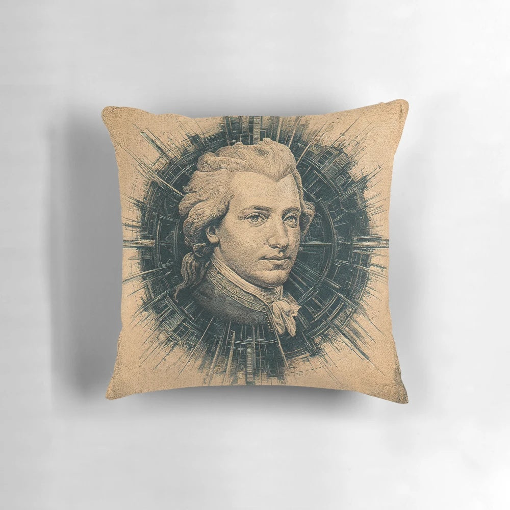 High-resolution image of a classical painting of the famous composer Wolfgang Amadeus Mozart, printed on a decorative throw pillow.