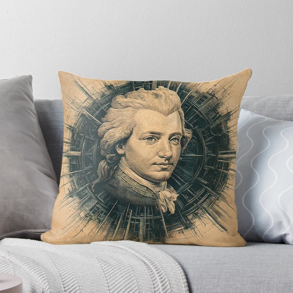High-resolution image of a classical painting of the famous composer Wolfgang Amadeus Mozart, printed on a decorative throw pillow.