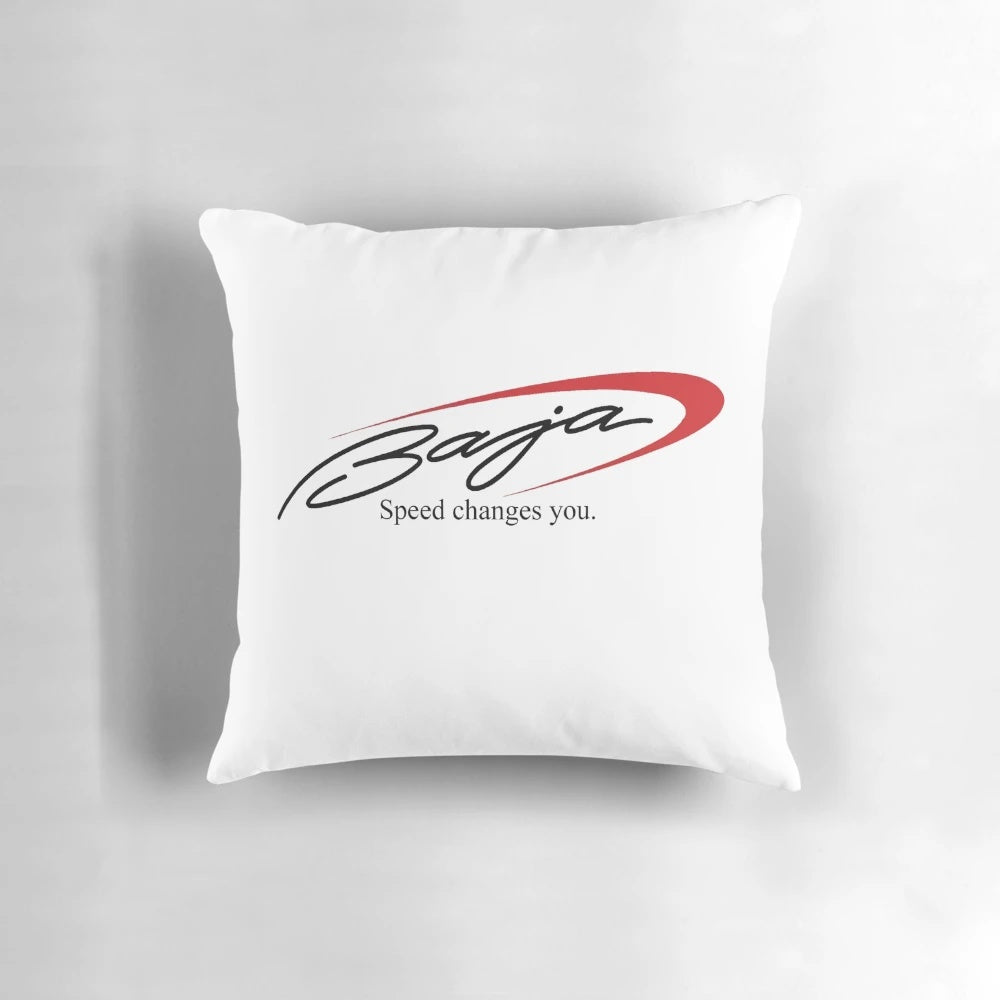 Cozy Baja boats pillow with vibrant boat logo design