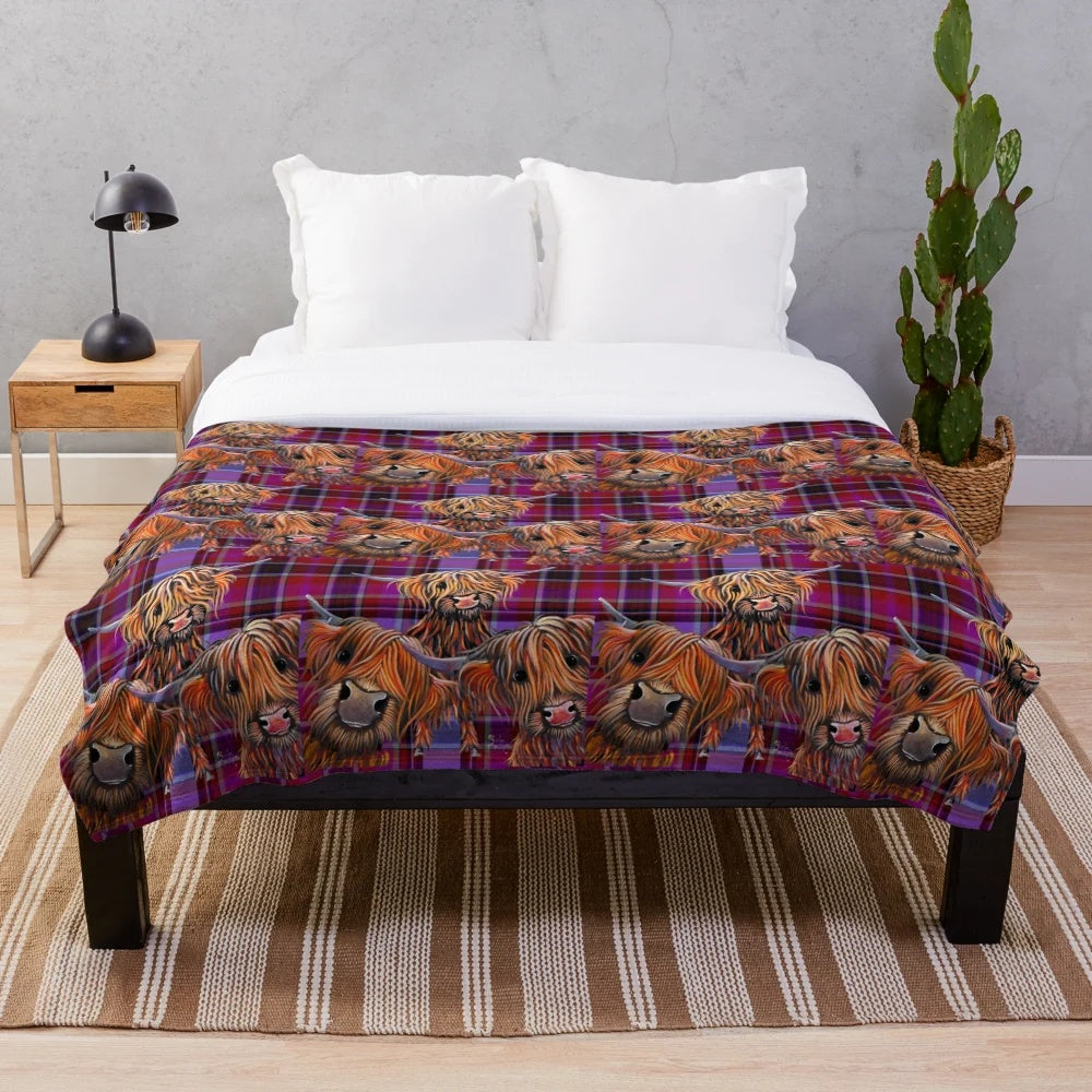 Highland cow print plush blanket with tartan pattern