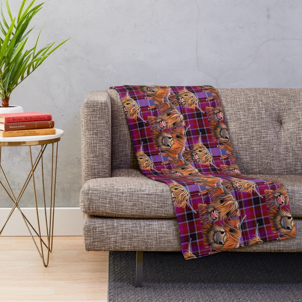 Highland cow print plush blanket with tartan pattern