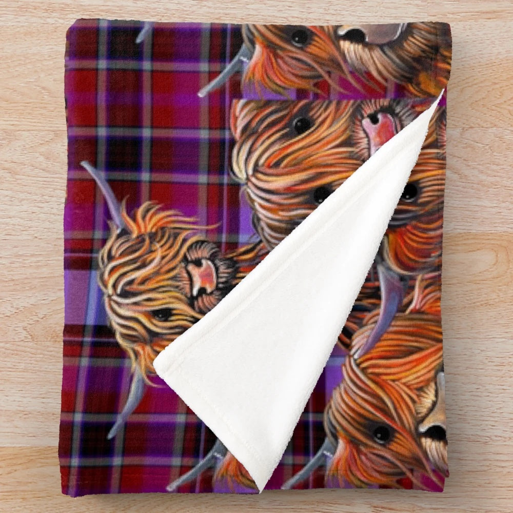 Highland cow print plush blanket with tartan pattern