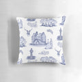 Decorative blue and white toile pillow with a highlander and Scottish inspired design