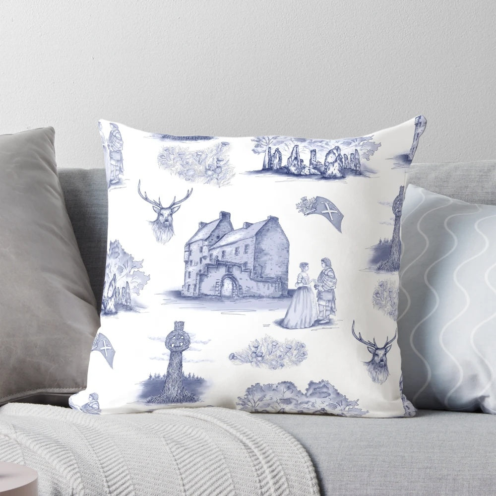 Decorative blue and white toile pillow with a highlander and Scottish inspired design