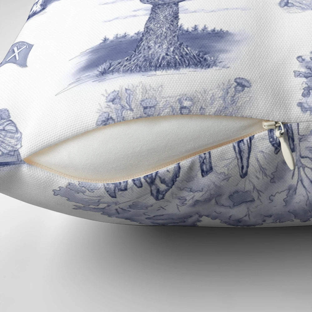 Decorative blue and white toile pillow with a highlander and Scottish inspired design