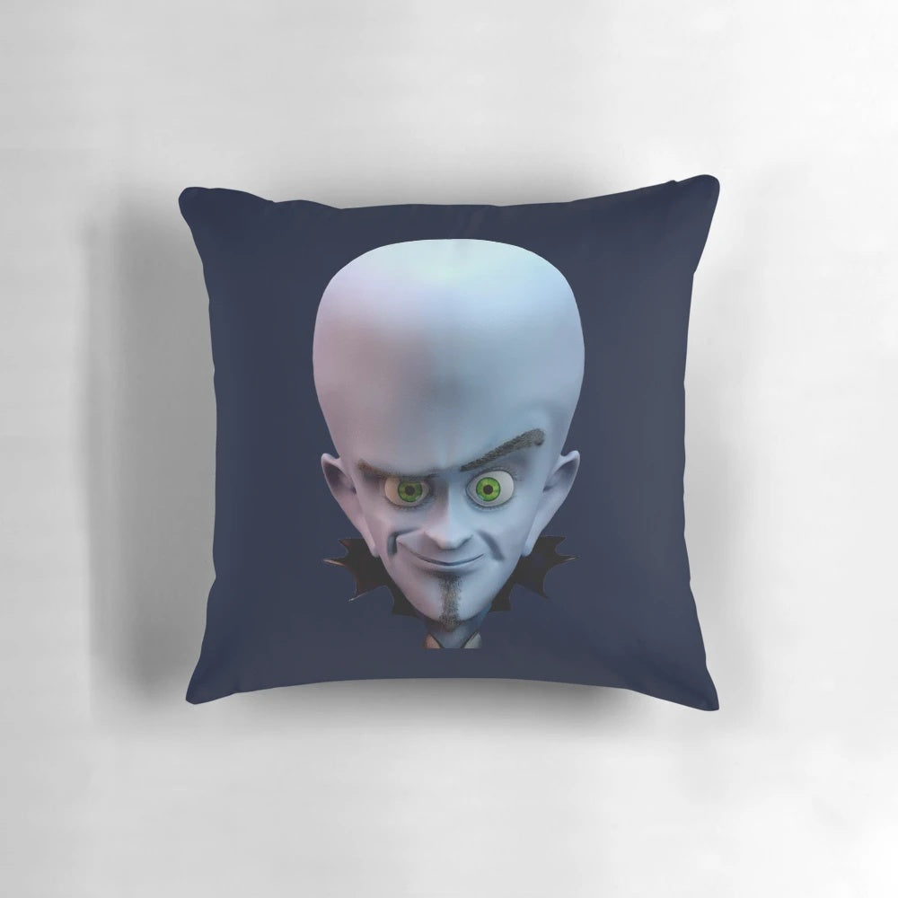 A vibrant 3D pillow featuring the bald, blue-skinned character Megamind from the Dreamworks animated film.