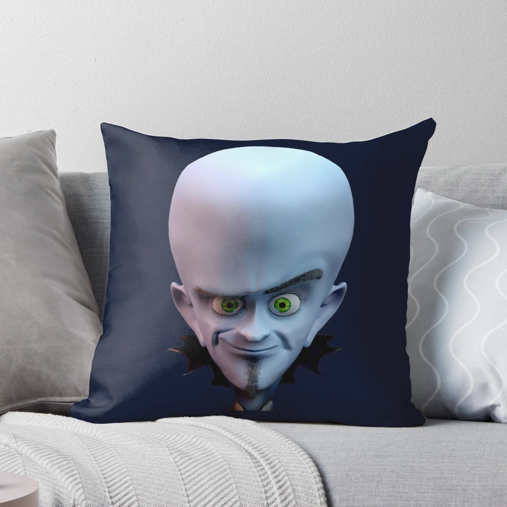 A vibrant 3D pillow featuring the bald, blue-skinned character Megamind from the Dreamworks animated film.