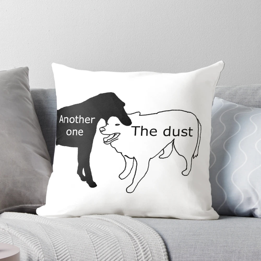 Humorous "Another One Bites the Dust" themed decorative pillow with a quirky, ironic design
