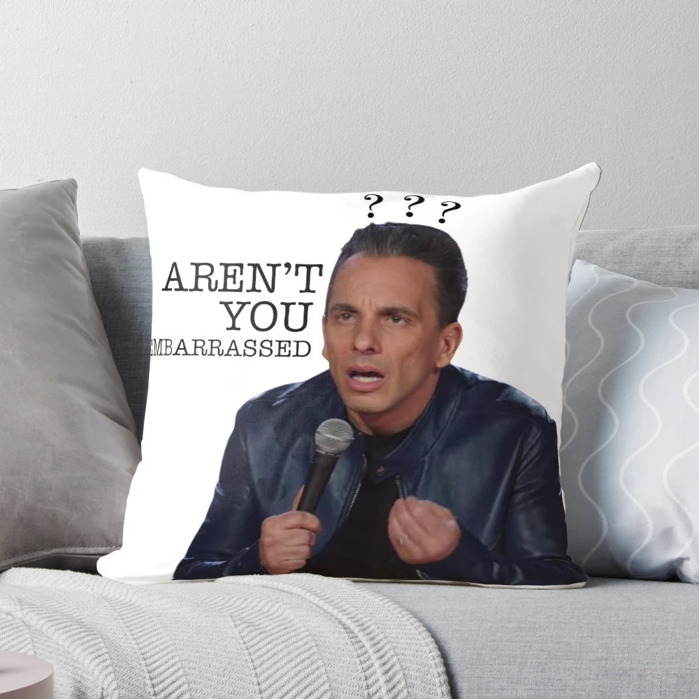 Stylish 'Aren't You Embarrassed?' pillow featuring comedian Sebastian Maniscalco